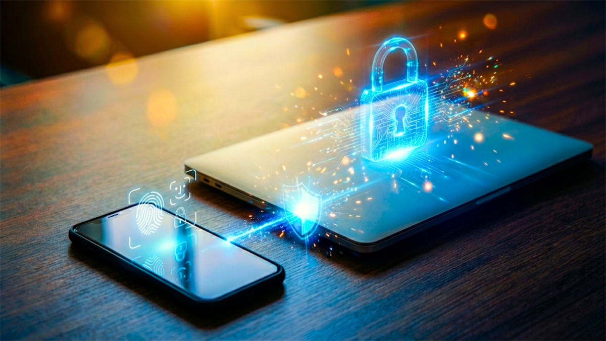 Smartphone authenticates a laptop via digital lock graphic, illustrating cybersecurity and secure access trends in tech.