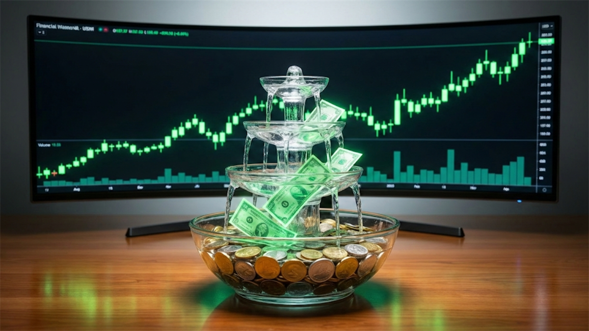 Money flows through a glass fountain of cash and coins set before a rising stock chart, symbolizing strong cash flow.