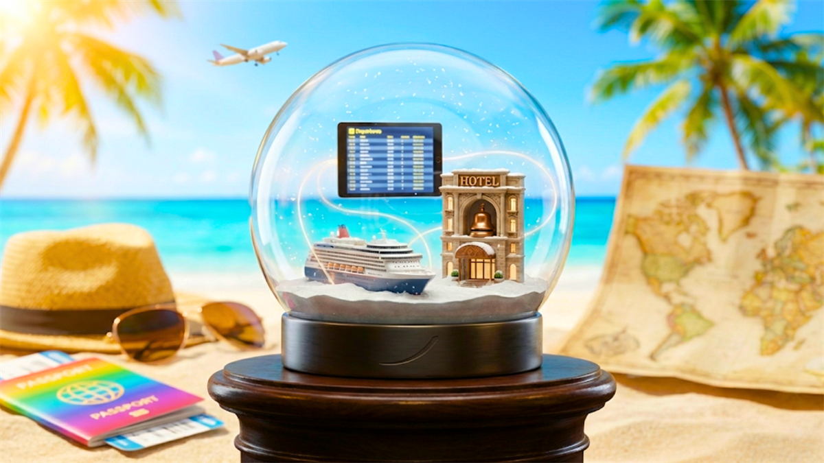 Travel-themed snow globe with hotel, cruise ship, and flight board on a beach, symbolizing travel sector growth.