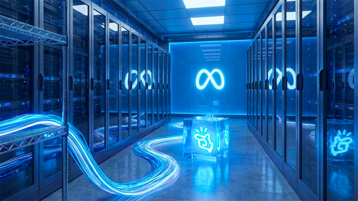 Blue-lit data center corridor features Meta infinity and Manus logos, signaling AI infrastructure expansion.
