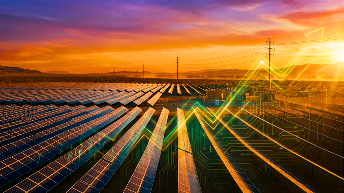 Solar panels stretch across a utility-scale renewable energy site with an upward price chart overlay.