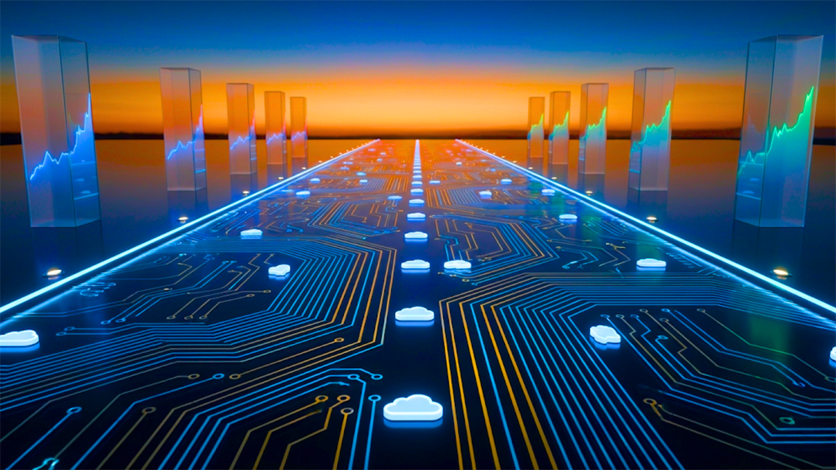 Digital circuit pathway lined with cloud icons and rising charts illustrates accelerating cloud computing adoption.