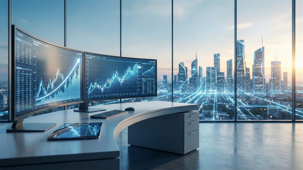 Modern trading desk with rising stock charts overlooking a futuristic city, symbolizing AI-driven tech stock upgrades.