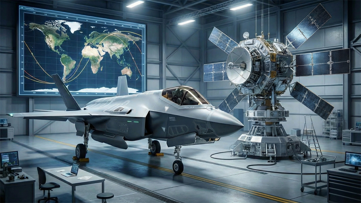 Stealth military aircraft and communications satellite inside a hangar, representing aerospace and defense technology driving Karman’s 2025 IPO success.