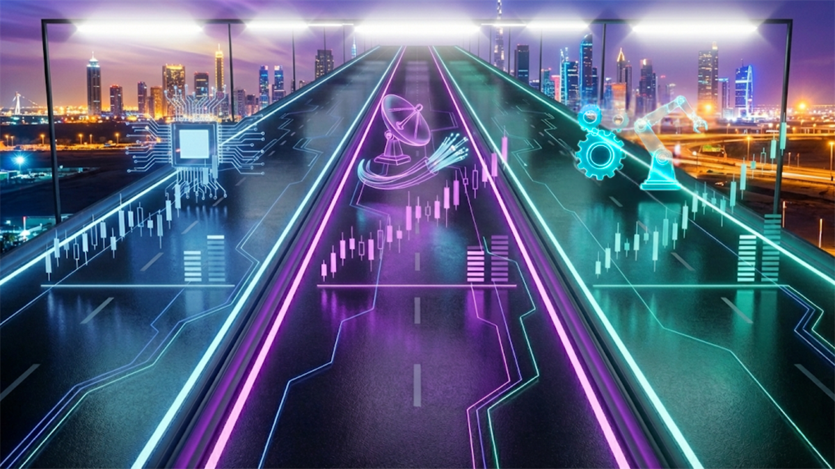 Futuristic market lanes with tech, communications, and industrial icons reflect sector leadership.
