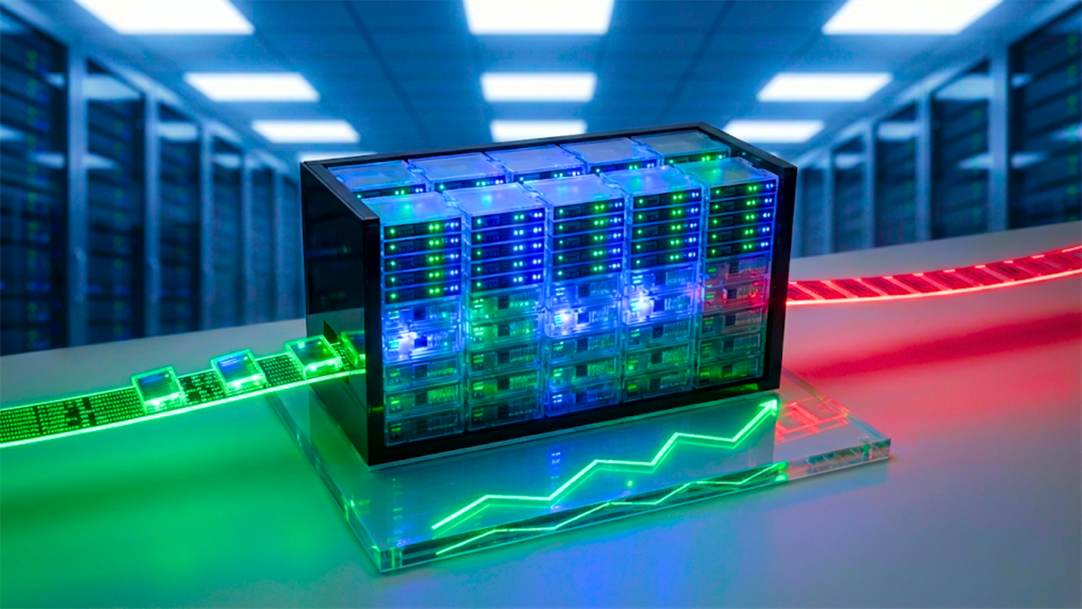 Server hardware with red and green data flows reflects insider selling pressure.