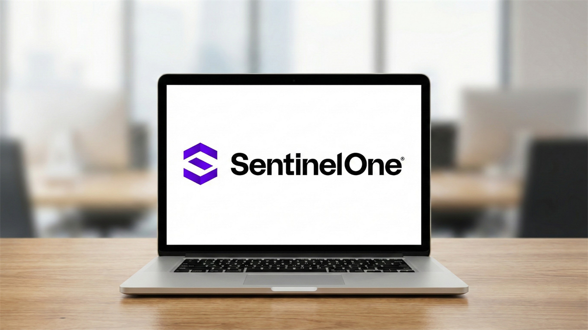 SentinelOne logo displayed on an open laptop screen, symbolizing the company's high-performing cybersecurity business.