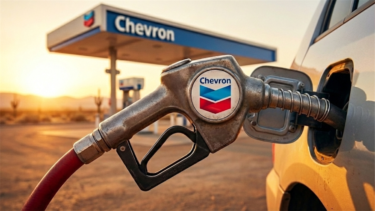 Chevron-branded fuel pump fills a vehicle at a gas station, highlighting energy demand and oil company revenue trends.