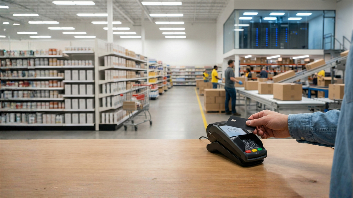 Contactless card payment at a warehouse checkout highlights Visa payments, Walmart scale and Amazon-style logistics growth.
