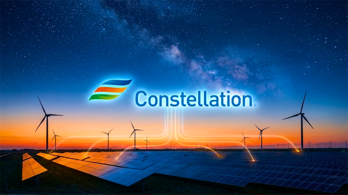 Constellation logo appears above wind turbines and solar panels at dusk, highlighting clean energy generation.