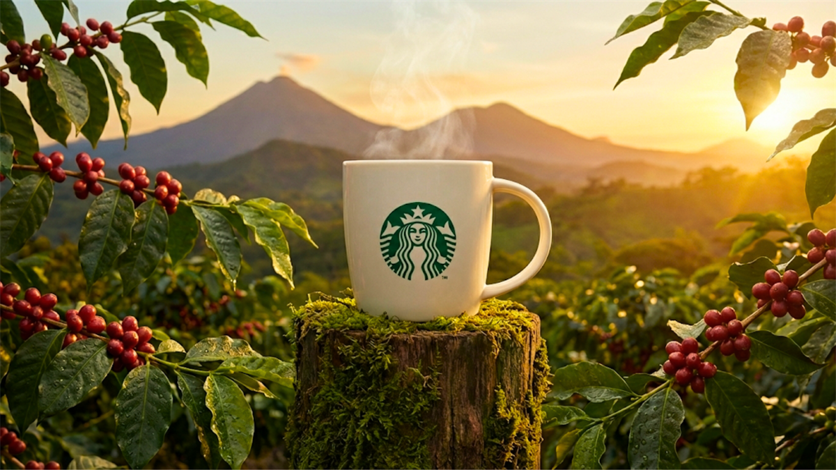 Starbucks-branded coffee cup sits in a coffee plantation at sunrise, underscoring global sourcing and consumer demand.