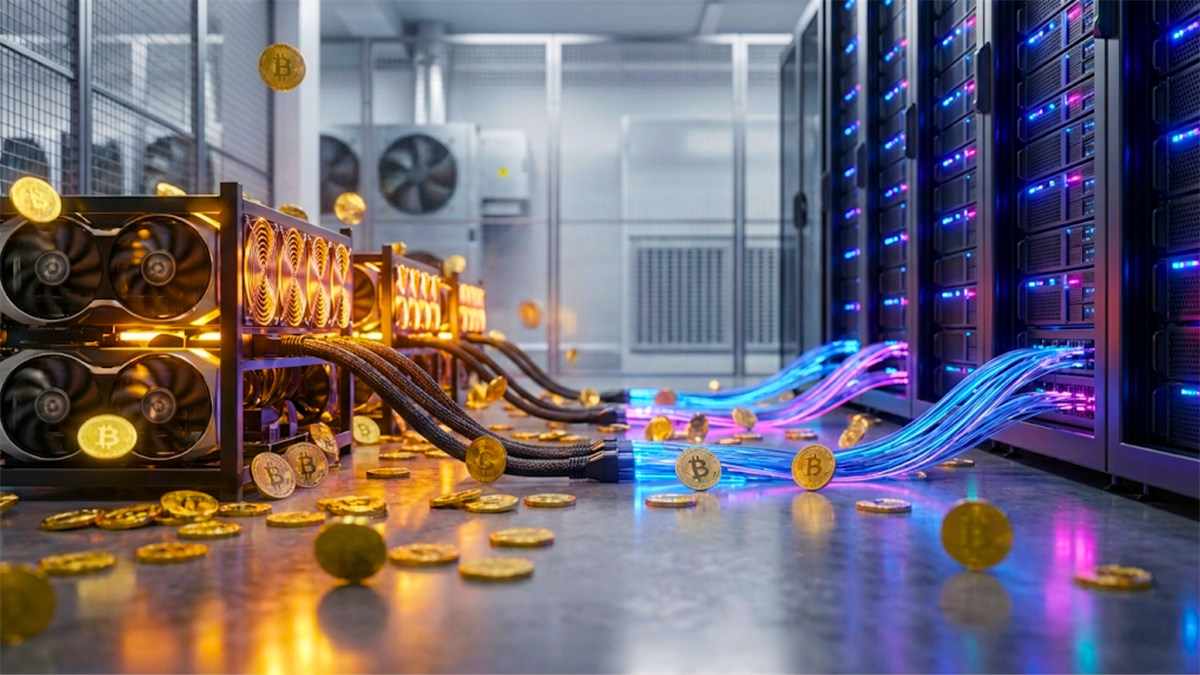 Cryptocurrency mining rigs and servers process Bitcoin transactions, highlighting rising crypto infrastructure costs.