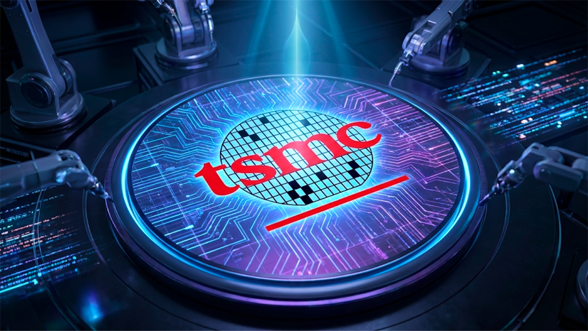 TSMC logo on advanced semiconductor wafer line highlights AI chip manufacturing and global supply chain leadership.