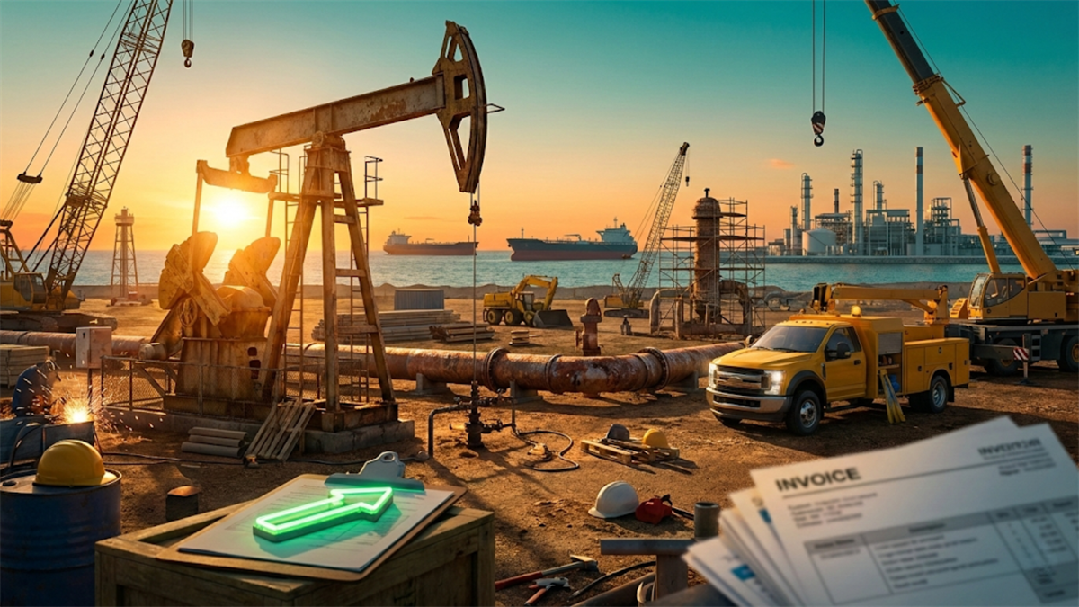 Oil pumpjack and refinery construction site with invoices and upward arrow signal rising energy prices and energy sector costs.