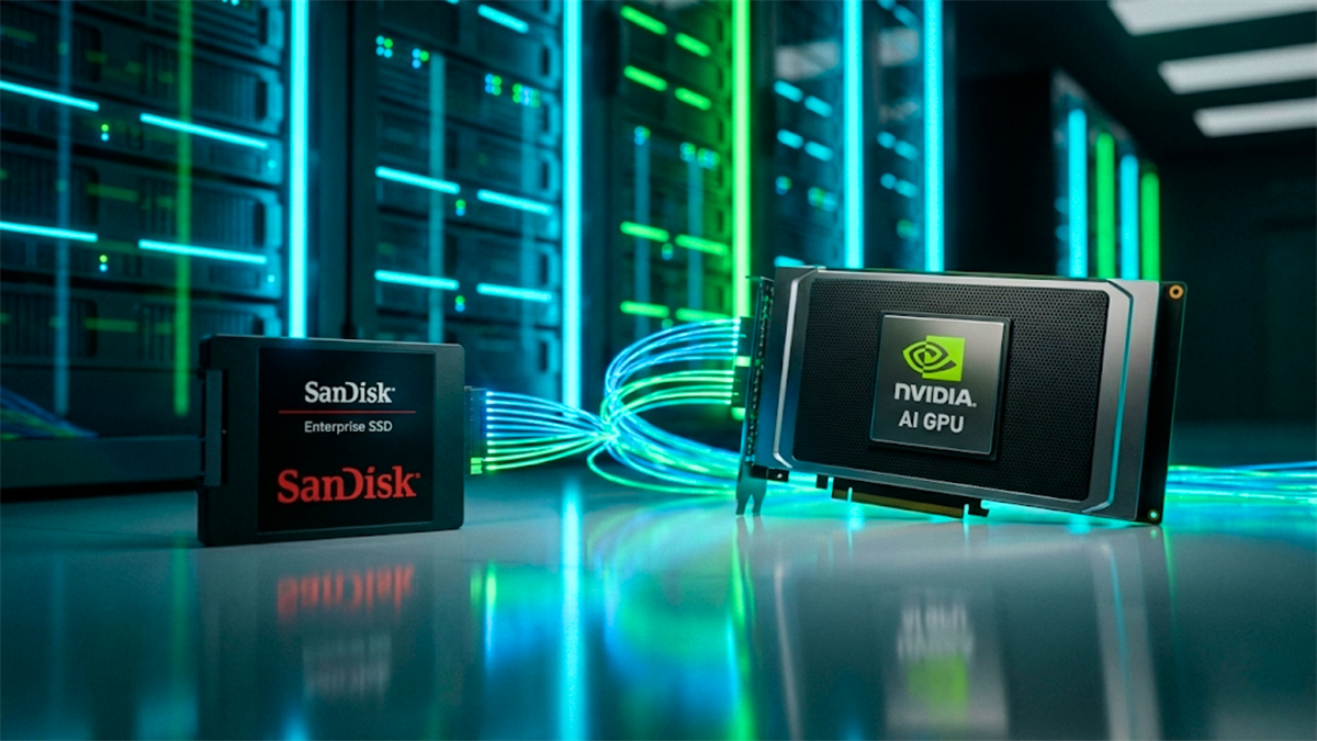 NVIDIA AI GPU and SanDisk enterprise SSD connected in data center racks highlight AI infrastructure growth.