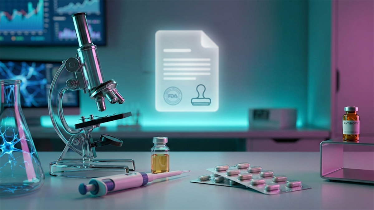 Laboratory microscope, pills and syringes on bench signal pharmaceutical research momentum and biotech earnings outlook.