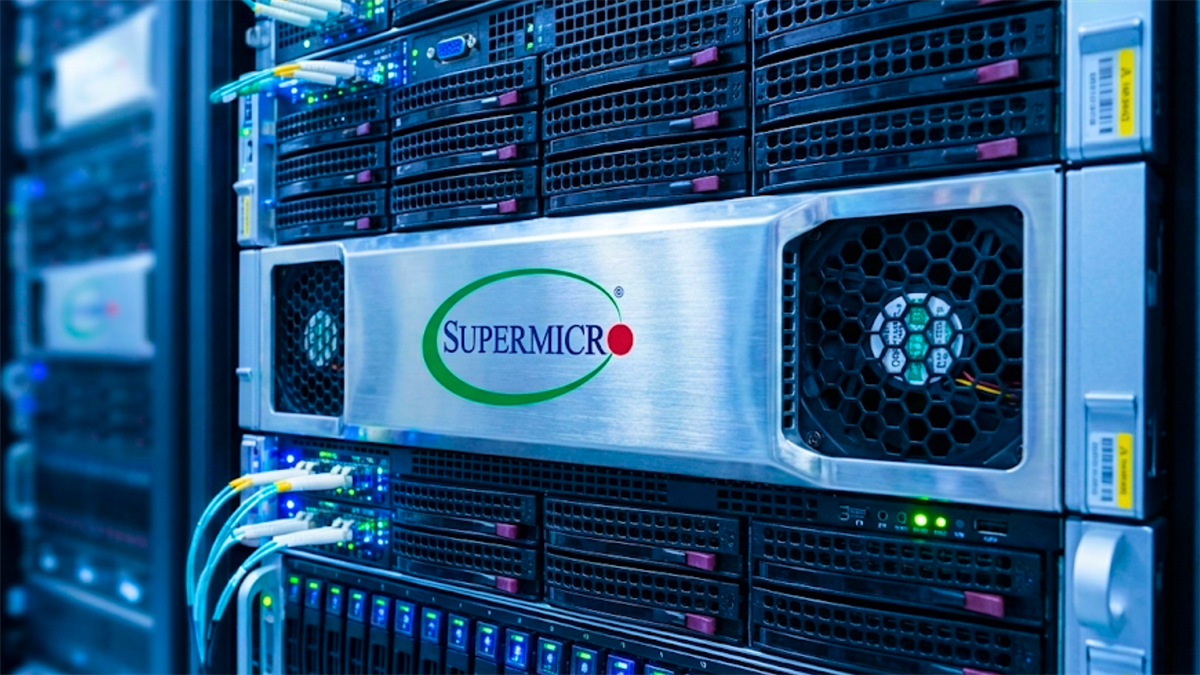 Super Micro Computer server racks in data center highlight AI infrastructure expansion.