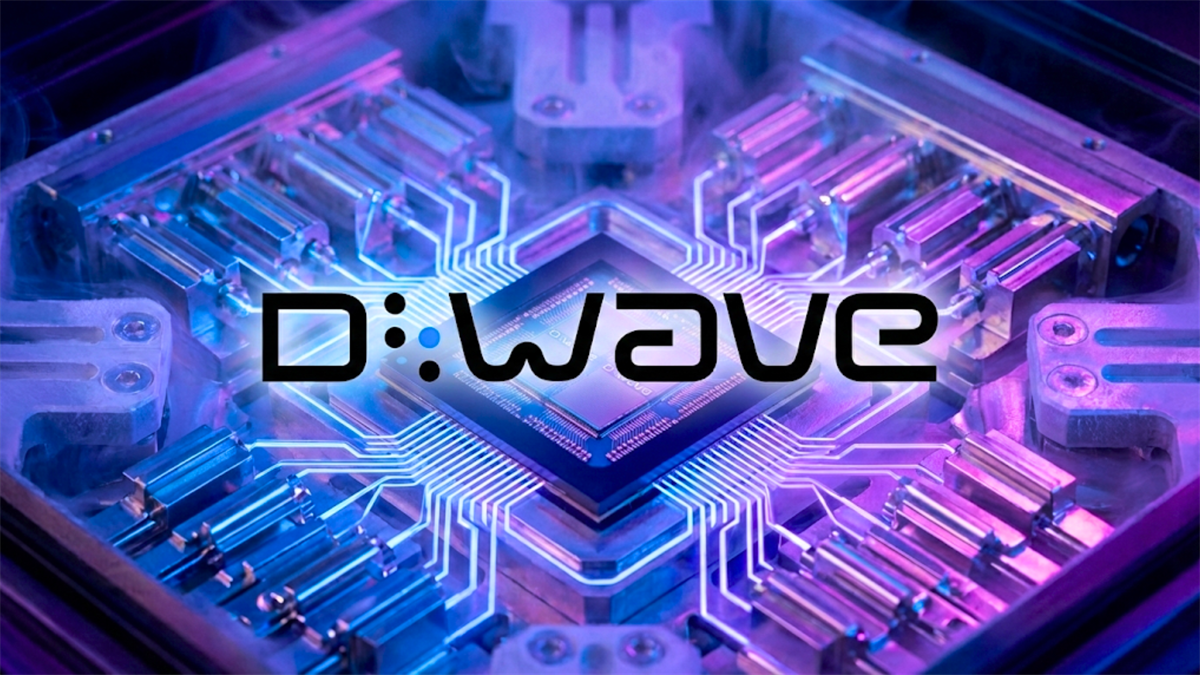 D-Wave logo on quantum computing chip highlights advances in quantum technology.