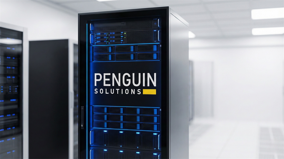 Photorealistic AI data center representing Penguin Solutions’ enterprise AI infrastructure growth and undervalued stock rebound potential.
