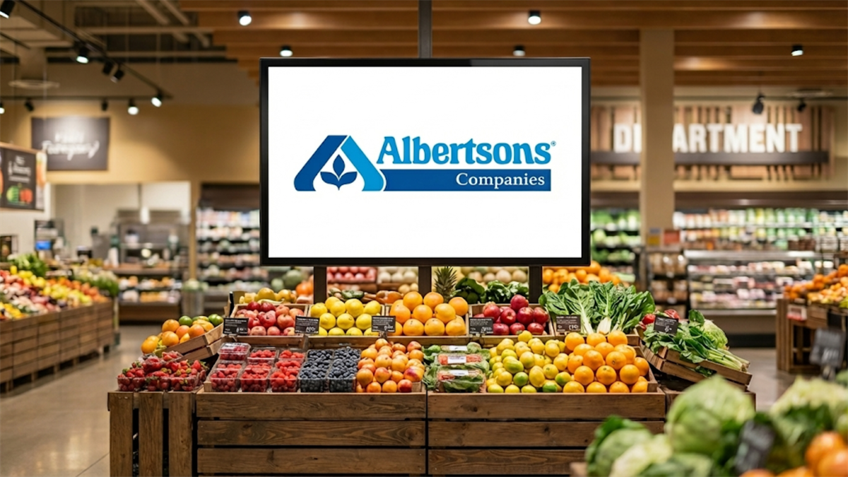 Albertsons Companies logo above fresh produce displays highlights consumer spending trends.