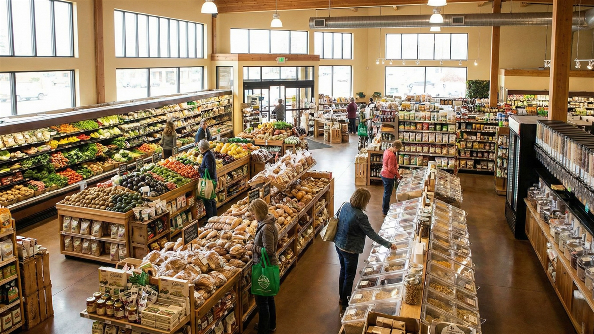Shoppers select products in a grocery store, displaying the resilience of the consumer staples sector across varying economic conditions.