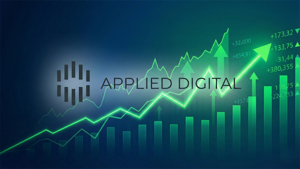 Applied Digital logo backed by a bullish stock chart, displaying the name's long-term potential.