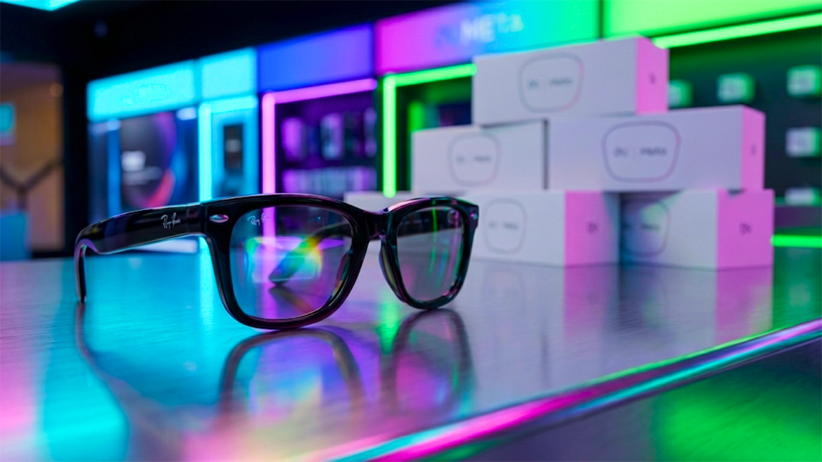 Smart glasses displayed on retail counter with boxed inventory highlight wearable device market growth.