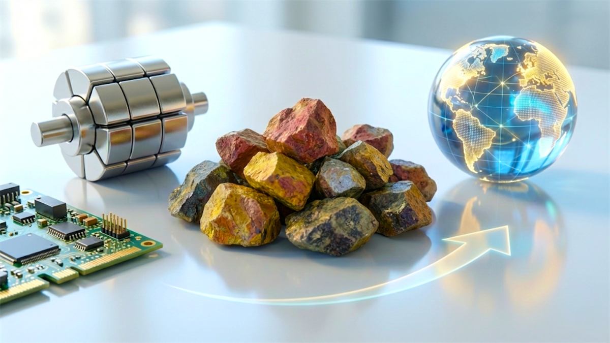 Industrial components, raw minerals and global trade icon show supply chain exposure and demand for critical materials.