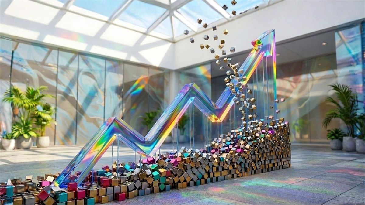 Abstract rising chart built from cubes illustrates accelerating market momentum and bullish investor sentiment.
