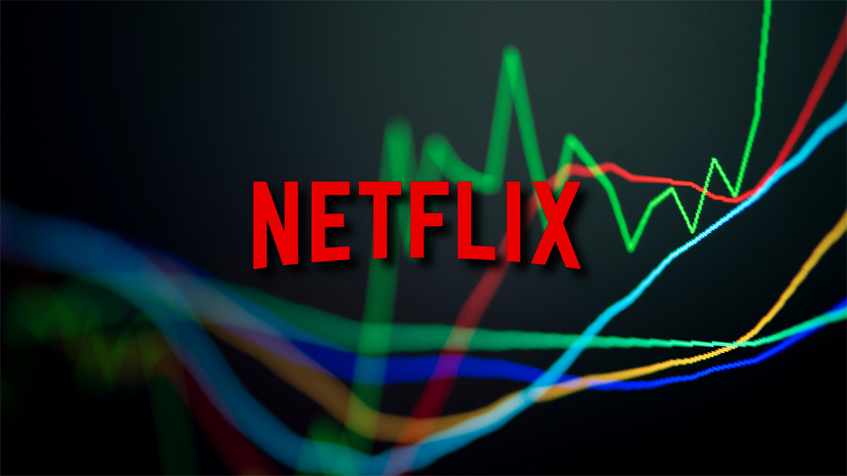 Netflix logo centered over colorful rising stock market lines, illustrating Netflix share price growth and investor momentum.