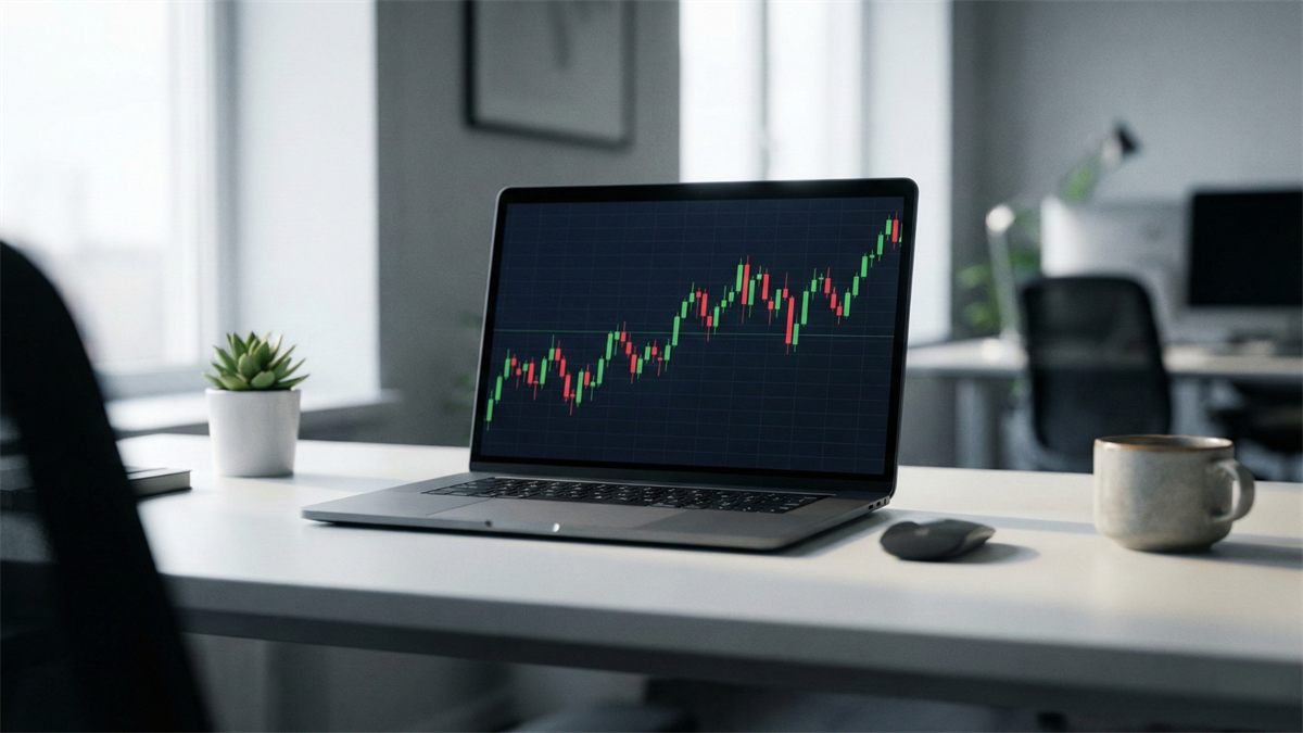 Modern office desk with laptop displaying rising stock chart, symbolizing ETF market growth and diversified investment strategies.