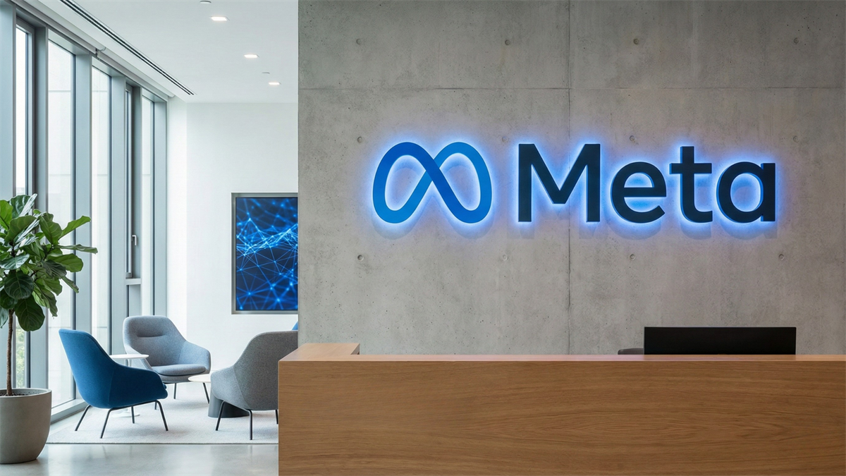 Meta Platforms office lobby with illuminated Meta logo, symbolizing the company’s AI-driven growth and infrastructure push.
