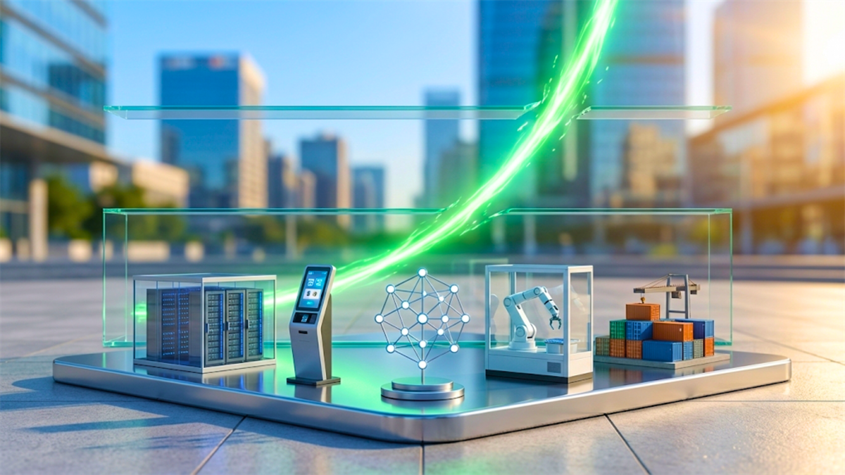 Conceptual display of growth stocks highlights AI, automation, data centers and logistics driving earnings expansion.