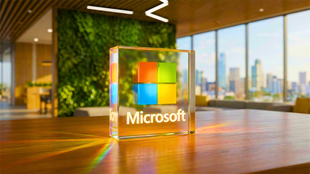 Microsoft logo displayed in a modern office setting underscores enterprise software leadership and AI investment growth.