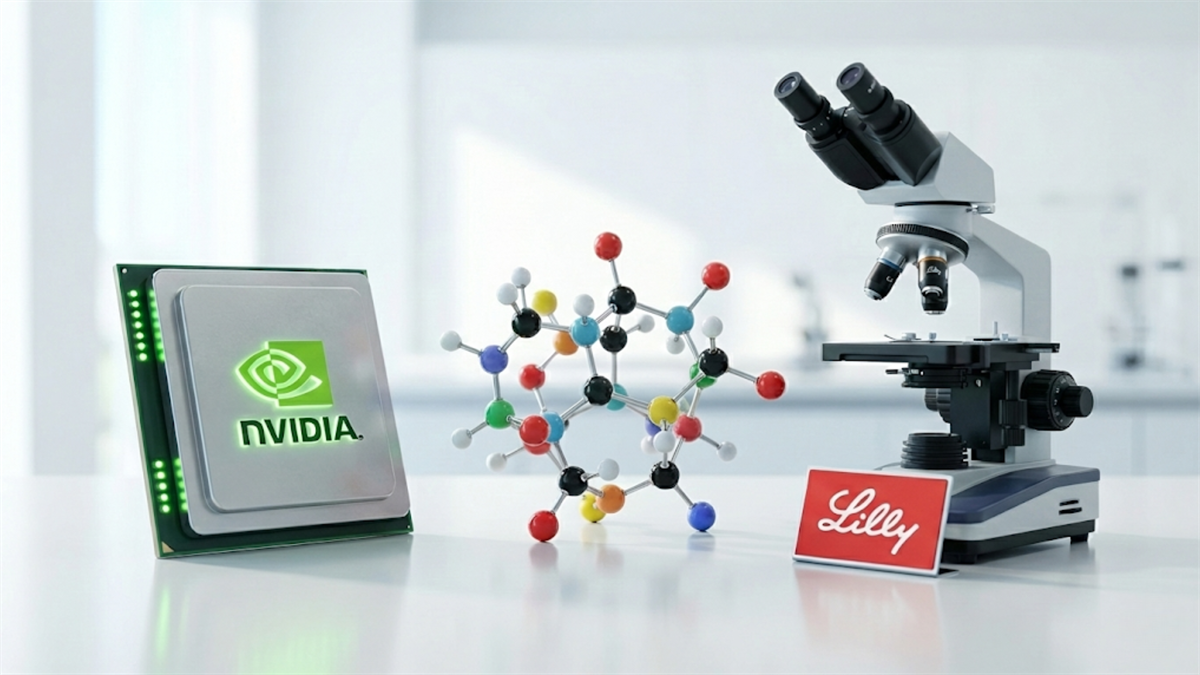 NVIDIA chip paired with Lilly branding, symbolizing AI-driven drug discovery and biotech innovation.