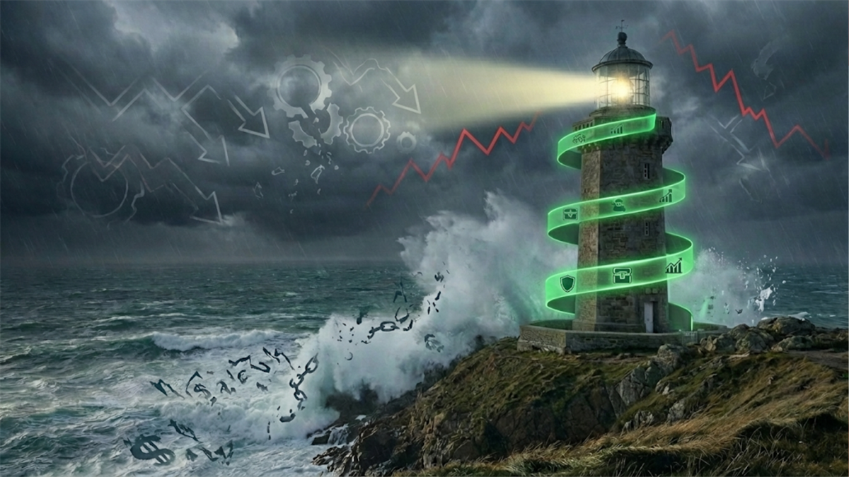 A storm-battered lighthouse wrapped in a glowing green spiral, symbolizing guidance and stability.