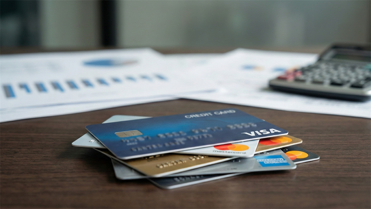 Stack of credit cards on desk beside charts and calculator, illustrating credit rate cap pressure.
