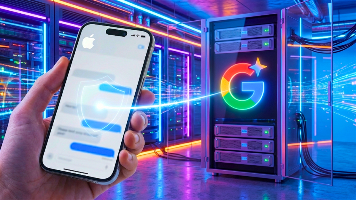 Apple iPhone displaying an AI security interface connected to Google Gemini servers inside a modern data center.