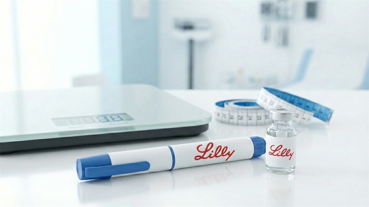 Lilly-branded insulin pen and vial on a desk beside a digital scale and measuring tape, representing diabetes treatment.