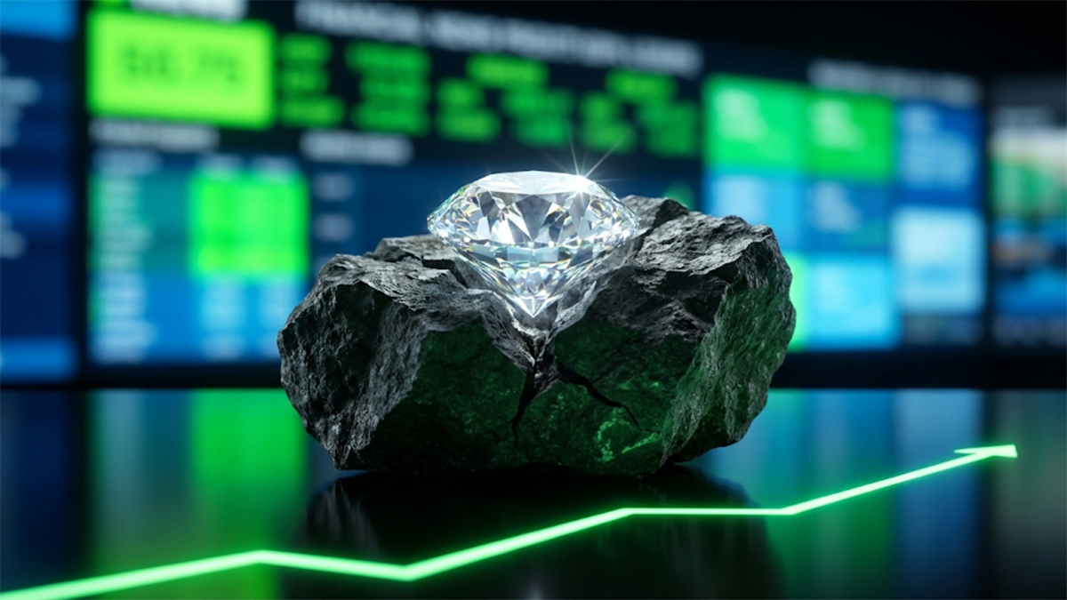 Diamond emerging from stone against a stock market backdrop, symbolizing hidden value and breakout growth in markets.
