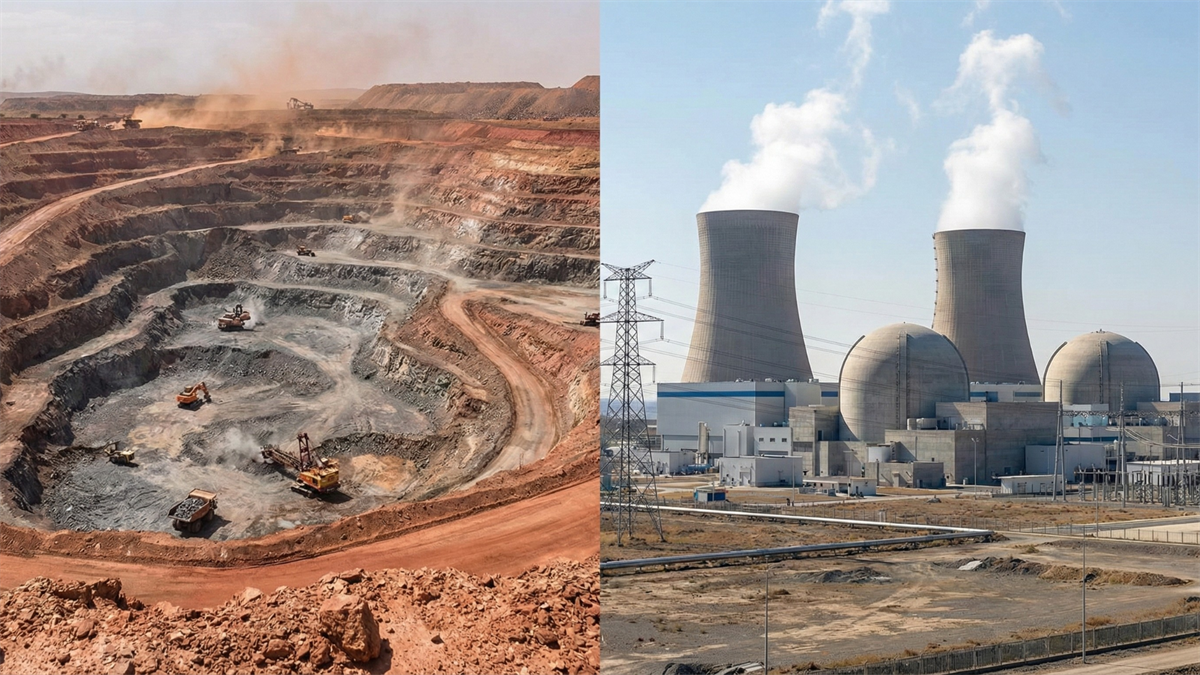 Split image showing an open-pit uranium mine beside a nuclear power plant with cooling towers emitting steam.