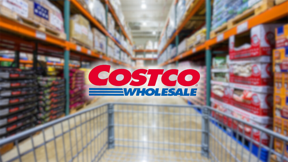 Costco logo, with a background containing a shopping cart and colorful store aisle symbolizing the brand's market strength.