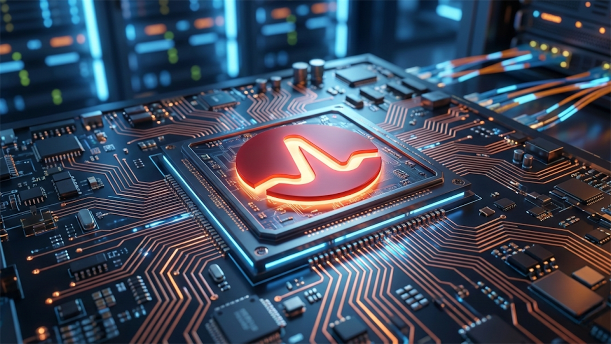 Broadcom-style chip mounted on a circuit board inside a data center, symbolizing high-performance networking.