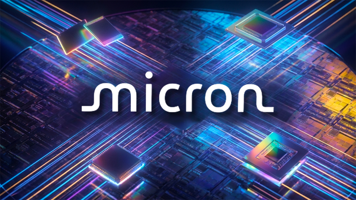 Micron Technology logo over advanced semiconductor chips highlights memory leadership amid AI and data center demand.