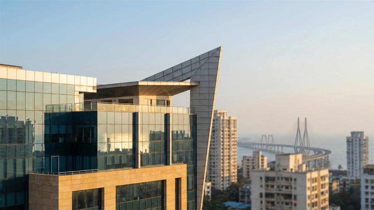 Imaginative depiction of Mumbai financial district at sunrise with glass office tower and Bandra–Worli Sea Link, signaling India’s growth.