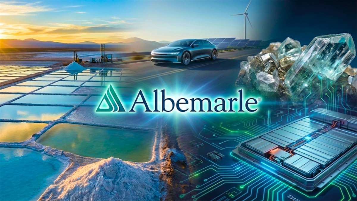 Albemarle logo with lithium mining, EV charging, and battery imagery highlights its role in global clean energy markets.