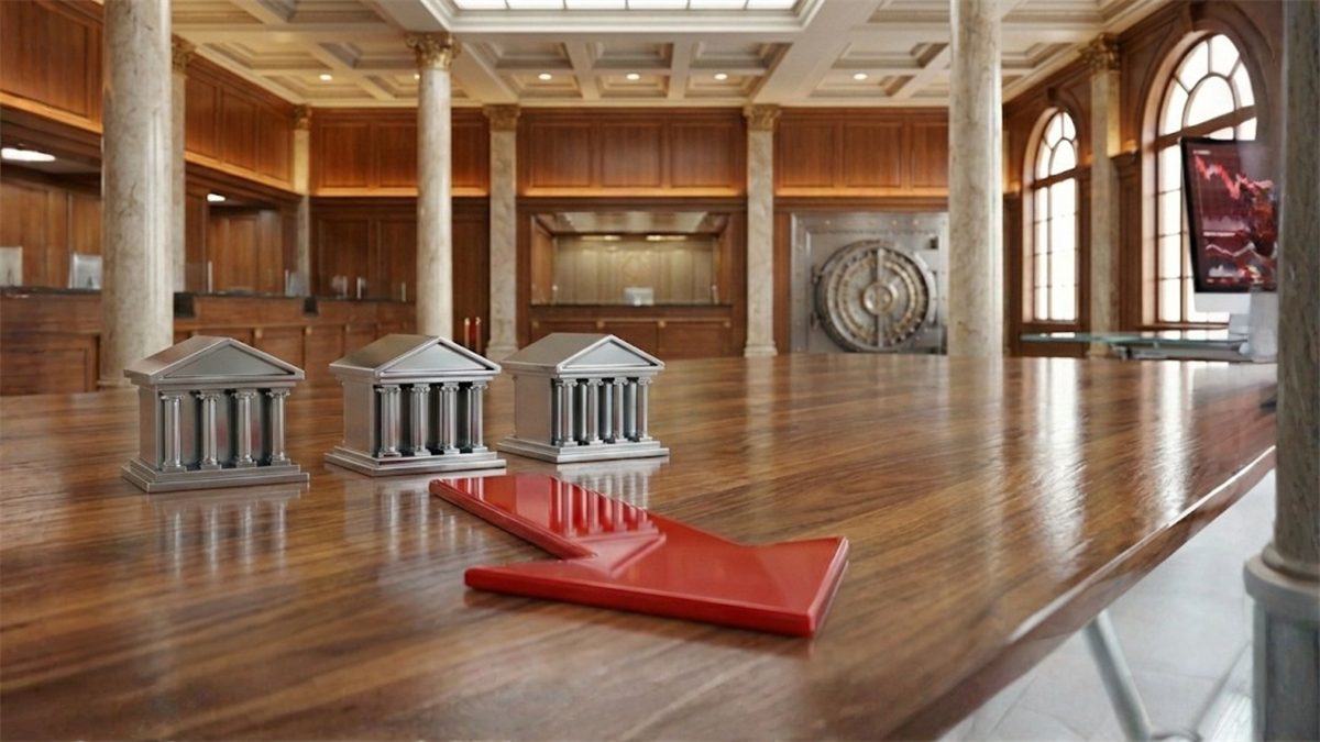 Red downward arrow beside bank icons inside a vault-like trading hall reflects declining bank stocks.