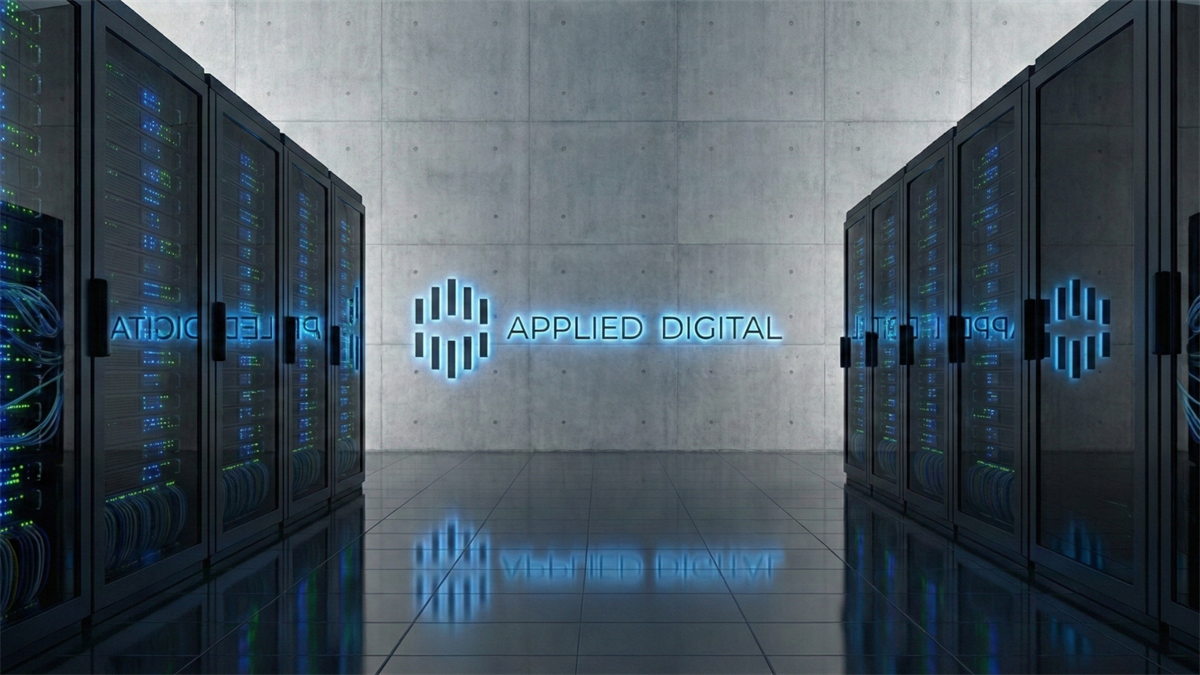 Applied Digital logo glowing on a concrete wall between two rows of server racks in a modern data center.