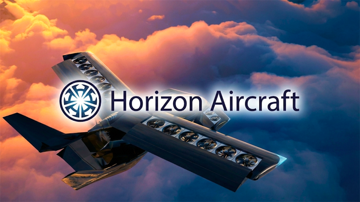 Horizon Aircraft logo over a hybrid eVTOL aircraft in flight highlights emerging electric aviation technology.