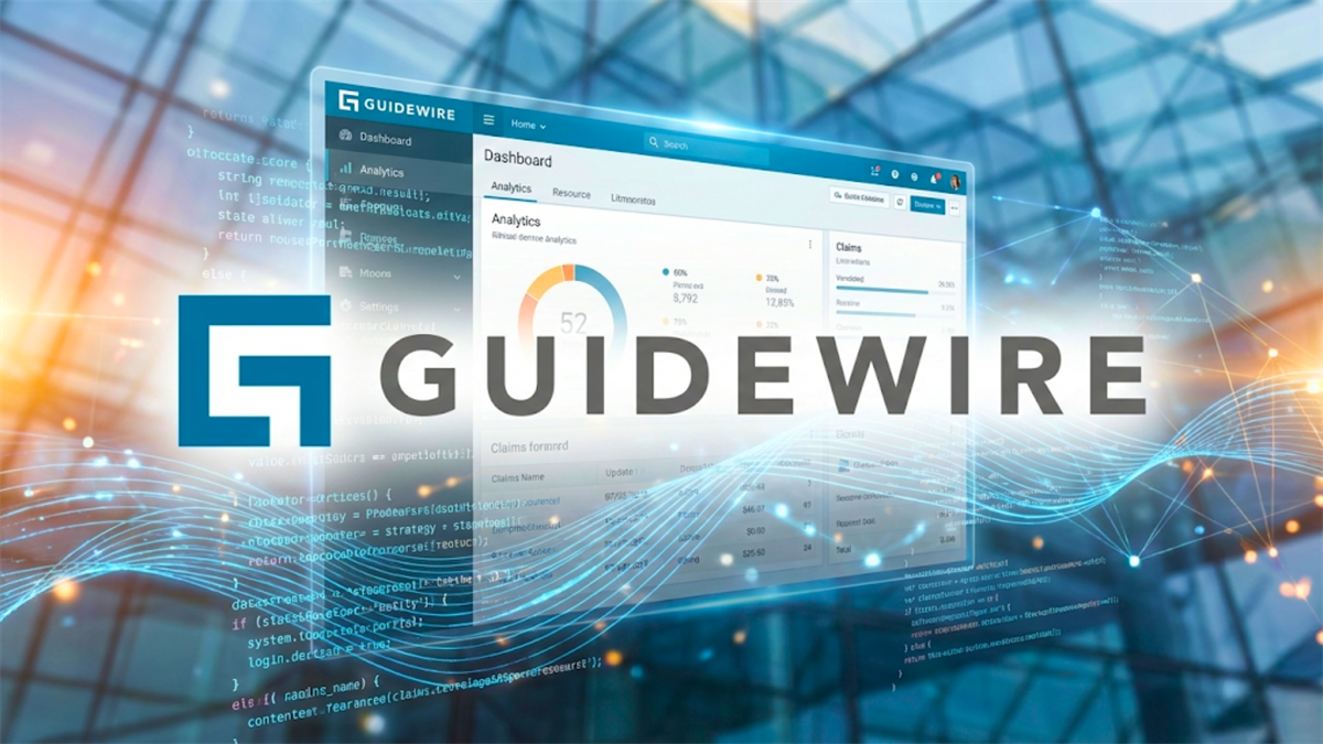 Guidewire Software branding over analytics dashboard, highlighting insurance tech platform and stock focus.